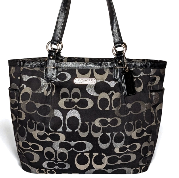 Coach Gallery Optic Metallic Signature Tote F19675 Black Silver Large Bag - Picture 1 of 15